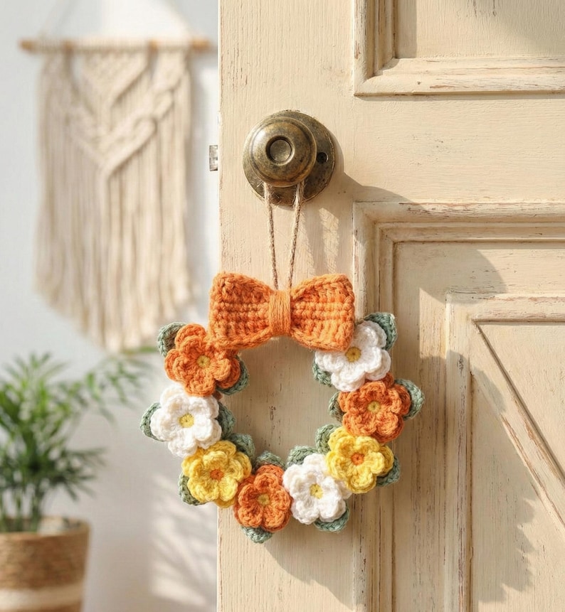 May include: A handmade crochet wreath with a bow and flower design. The wreath features orange, yellow, and white flowers with green leaves. The bow is a vibrant orange color. The wreath is hanging on a cream-colored door.
