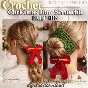 かぎ針編みのクリスマスリボンシュシュの型紙｜初心者向けヘアアクセサリーPDF｜ホリデーヘアゴムの作り方｜DIYお祝いヘアリボンのダウンロード