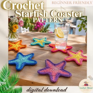 May include: A digital download PDF pattern for crochet starfish coasters. The image displays five handmade starfish-shaped coasters in various colors including blue, yellow, pink, and purple, arranged on a wooden table with a glass of water.