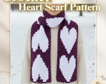 crochet heart scarf pattern PDF| valentine's day crochet Scarf | beginner heart scarf pattern digital download