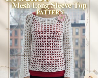 Patrón de blusa de malla de crochet de manga larga, suéter de red bohemio (PDF), top de crochet para principiantes, patrón de pareo de verano, descarga digital DIY