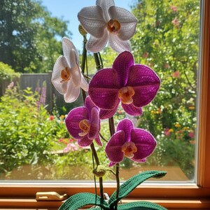 May include: A handcrafted crochet orchid plant with white and purple flowers. The flowers have yellow centers and are arranged on green stems with green leaves. The plant sits in front of a window with a blurred outdoor background.