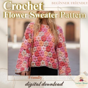Crochet Flower Sweater PDF Pattern | Multi-Color Motif Jumper Design | Scheepjes Stonewashed XL Yarn | Instant Digital Download
