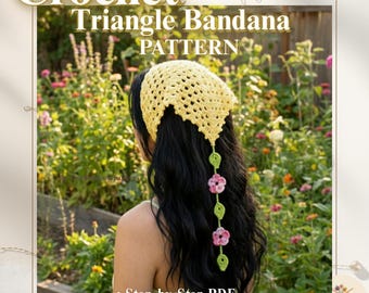 Crochet Triangle Bandana Pattern with Flowers, Boho Hair Kerchief Tutorial, Floral Head Wrap Crochet Pattern PDF, Beginner Hair Accessory