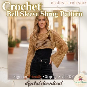 Patrón de bolero de crochet con mangas acampanadas en PDF / Bolero de malla / Traje hippie para festivales / Descarga instantánea