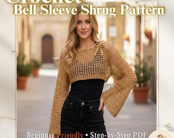 Crochet Bell Sleeve Shrug Pattern PDF | Mesh Crop Top Bolero | Hippie Festival Outfit | Instant Download