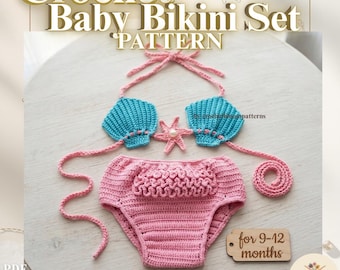 Baby Girl Mermaid Seashell Bikini Set Crochet Pattern, Infant Summer Swimwear PDF, 9-12 Months Baby Shower Gift