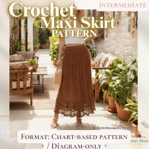 Puede incluir: Se muestra un patrón de falda larga de ganchillo, con una falda marrón con un diseño calado detallado. El texto "Crochet Maxi Skirt PATTERN" está en la parte superior. El patrón se basa en gráficos y diagramas, para crocheteros intermedios.