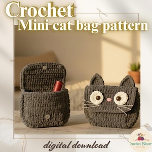 Gehaakte mini kattentas pdf-patroon, direct downloaden, beginnersvriendelijk zakje, zelfstudie, kitty portemonnee ontwerp, amigurumicadeau