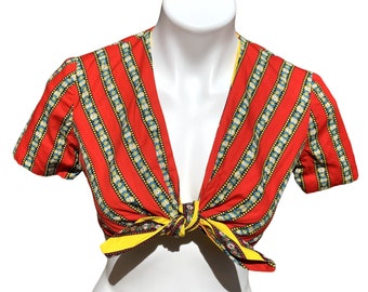 Vintage Mid Century Women's Reversible Crop Top Tie Front Striped Floral Print Red Yellow