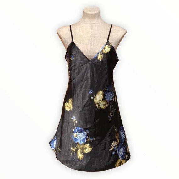Vintage 90s Satin Slip Dress Blue Roses Large - Etsy
