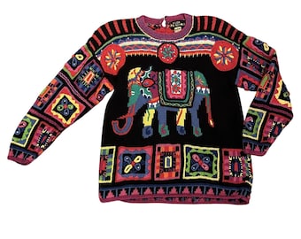 Vintage 80s Lisa Nichols Elephant Sweater, Chunky Multicolor Knit