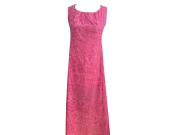 Vintage 60s Tiki Resortwear Hawaiian Pink Block Print Cotton Maxi Dress XS The Spanish Main MCM