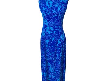 1970s Tiki Hawaiian Floral Maxi Dress By Bikini Shop Waikiki Sleeveless Blue Cotton Resort Wear
