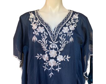Vintage 1960s Women's Mexican Dress Embroidered Blue Mumu