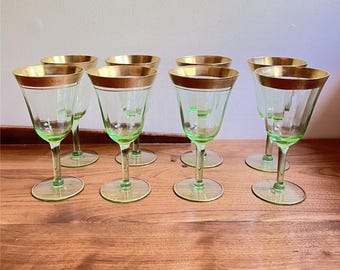 Vintage Tiffin Franciscan Minton Green Wine Glasses, Gold Encrusted, Set of 8