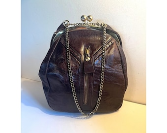 1950s French Leather Kiss Lock Frame Bag, Chain Strap