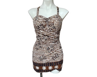 Vintage 50s Jantzen Tiki Print Swimsuit Playsuit, Made in Hawaii