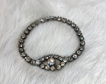1950s Vintage Diamante Bracelet Eye of Horus Centerpiece Silver Tone Faux Diamond Rhinestone