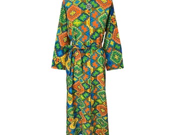 Jane Kinley Barkcloth Tiki Kaftan: 1960s Geometric Patchwork, Tie Waist, Made in Canada (Size L)