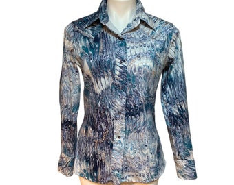 Vintage 70s Miller Women's Western Shirt Marble Print Blue Size Small 12/34