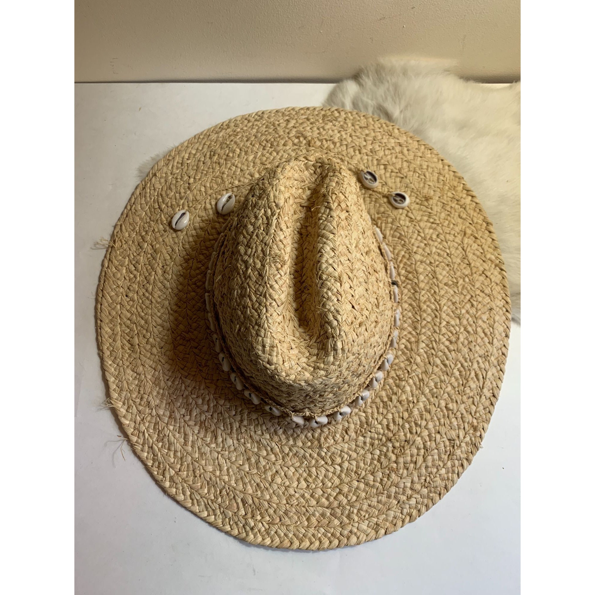 DPC Floppy Plaited Boho Western Straw Hat Cowrie Shells Wide 