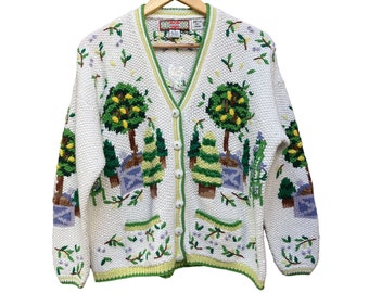 Vintage 90s NWT Cottagecore Cardigan Sweater English Garden Medium White Green