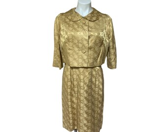 Vintage 1950s Women's Dress Set Gold Brocade Satin Roses 2 Piece Medium