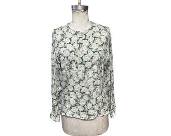 Gucci Vintage 1970s Green Linen Floral Blouse Button Down Long Sleeve Made in Italy White Roses