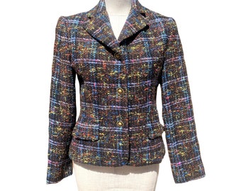 Vintage Henri Bendel Boucle Knit Plaid Multicolor Blazer Women's 8 SMALL