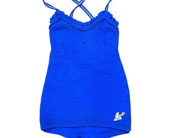 Catalina 1930s Hollywood Stars Vintage Cobalt Blue Wool One-Piece Swimsuit Size 38 Flying Fish Sweetheart Neckline Ruffle Trim Low-Cut