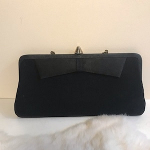 Black Cocktail Frame Bag Clutch Fabric Bow 1930-40s Formal Evening