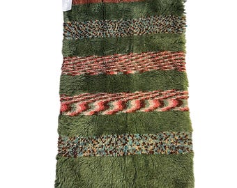 Swedish Midcentury Rya Shag Rug 2x4 Wool Green & Rust Vintage Modern Home Accent Wall Art