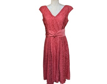 1950s Handmade Lace Prom Dress Floral Lace Coral Pink Fit & Flare Full Skirt