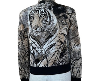 Rare St John Luxury Knit Bomber Jacket Camo Tiger in Grass Intarsia Hunter Knit