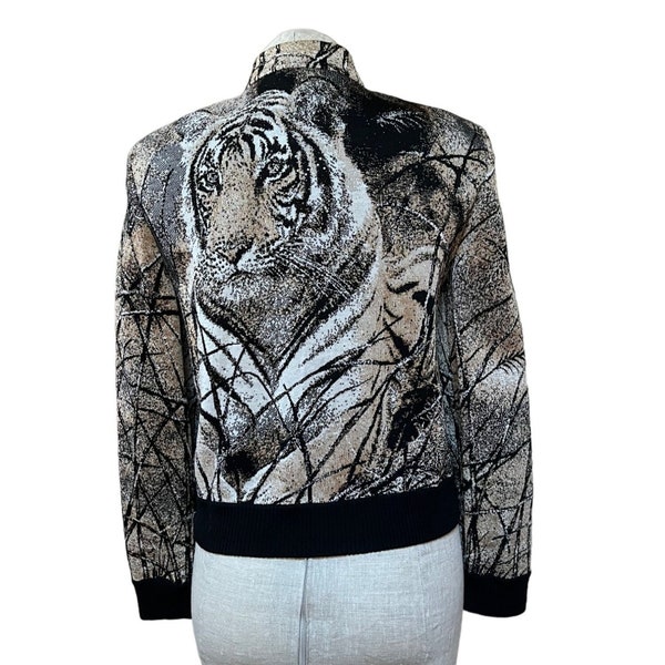Rare St John Luxury Knit Bomber Jacket Camo Tiger in Grass Intarsia Hunter Knit