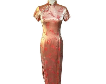 Vintage Women's Cheongsam Dress Peach Pink Satin Damask XS/S