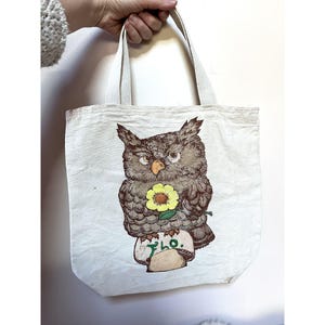 Vintage 70s Counterculture Canvas Tote Bag Owl Graphic, Mushroom & Peyote Flower Design Colorized Graphic w Embroidery