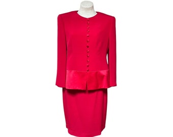 Louis Feraud 1990s Red Silk Suit Jacket + Skirt Set Satin Trim Formal Wedding Women's Size 12