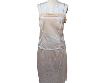 1970s GIVENCHY Vintage Slip Dress Set, Lace Trim, Peach Beige