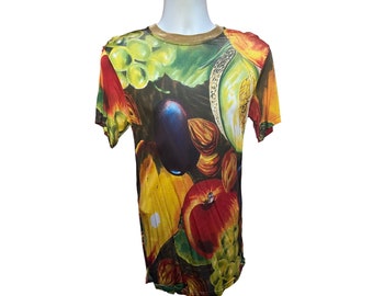 1980s Yvan & Marzia Paris Fruit Print T-Shirt, Sheer Second Skin, Men's Small
