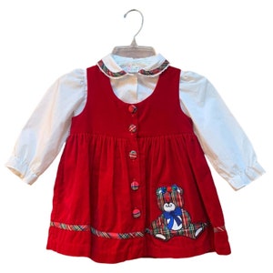 Vintage 90s Red Velvet Holiday Dress+Shirt Set Plaid Bear Applique Girls 24 Mo.