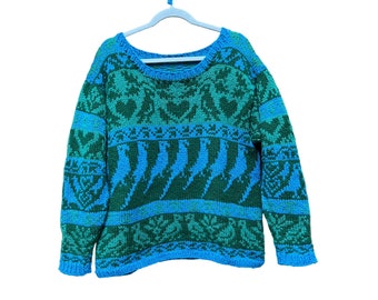 Vintage Hand Knit Novelty Sweater Whimsical Bird Theme Blue Green Large