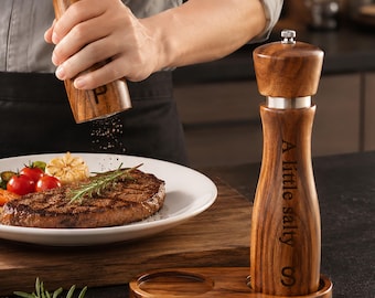 Personalized Salt Pepper Mill Set, Custom Engraved Wooden Grinders, Wedding Gift for Couple, Anniversary or New Home Kitchen Gift