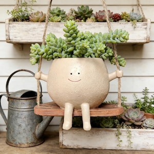Puede incluir: Una maceta de cerámica beige caprichosa con forma de personaje sonriente, colgada de un columpio de madera con cuerda. La maceta está llena de plantas suculentas verdes. Una regadera de metal vintage está a la izquierda, y otras suculentas están en el fondo.