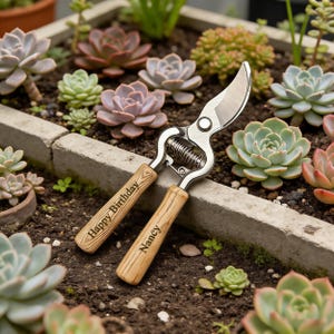 May include: A pair of silver and wood handled garden shears with the words "Happy Birthday" and "Nancy" engraved on the handles. The shears are open and resting on soil, surrounded by various succulents.