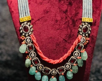 Gargantilha Kundan Navratana: Conjunto de joias de casamento indianas de Bollywood esmeralda, colar Kundan