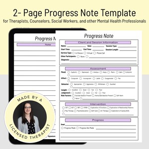 May include: A two-page progress note template for mental health professionals. The document includes sections for client information, assessment of mood, affect, behavior, insight, judgement, risk factors, intervention types, and progress tracking.