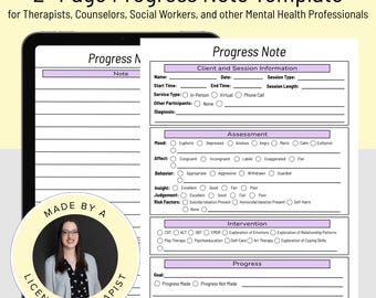 Two Page Therapy Progress Note Template for Therapists Social Workers Mental Health Professionals