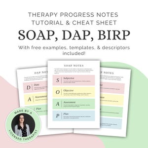 Therapy Progress Note Tutorial and Cheat Sheet: SOAP, DAP, BIRP Templates and Examples for Counselors Therapists Mental Health Professionals image 1